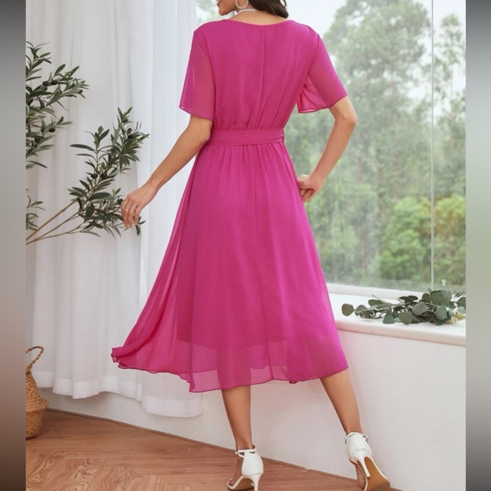 Boho hot pink belted chiffon dress - Picture 3 of 6